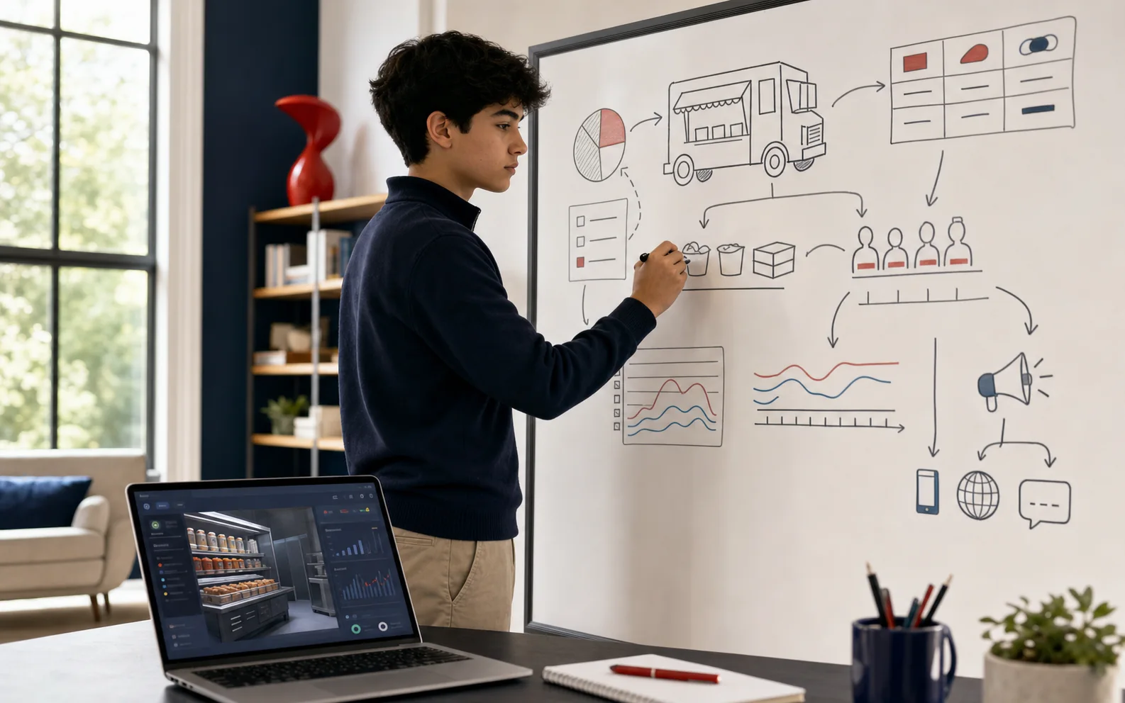 Teen student mapping business decisions beside a simulation dashboard